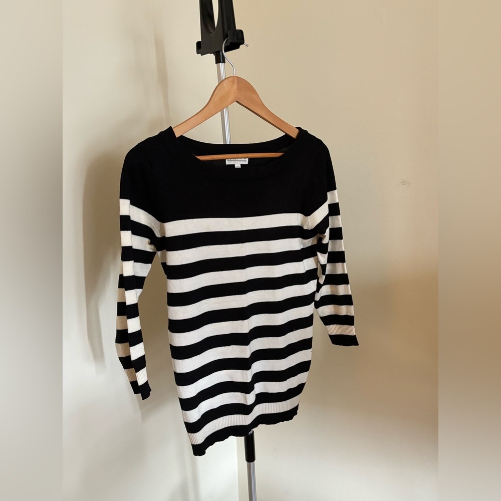 3/4 Sleeve Black and White Striped Women's Boatneck Sweater